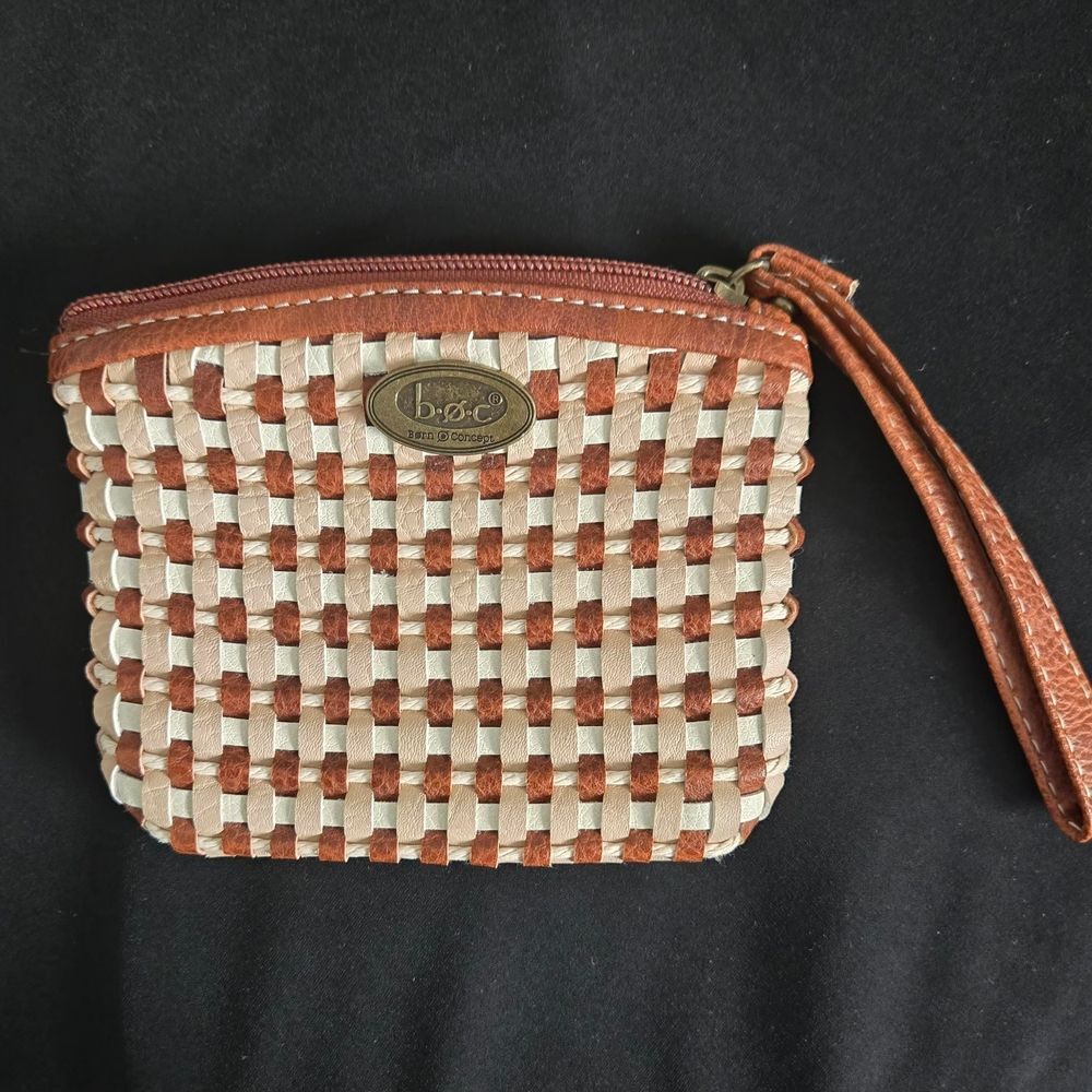 B.O.C. Faux Leather Brown and Cream Woven Wristlet